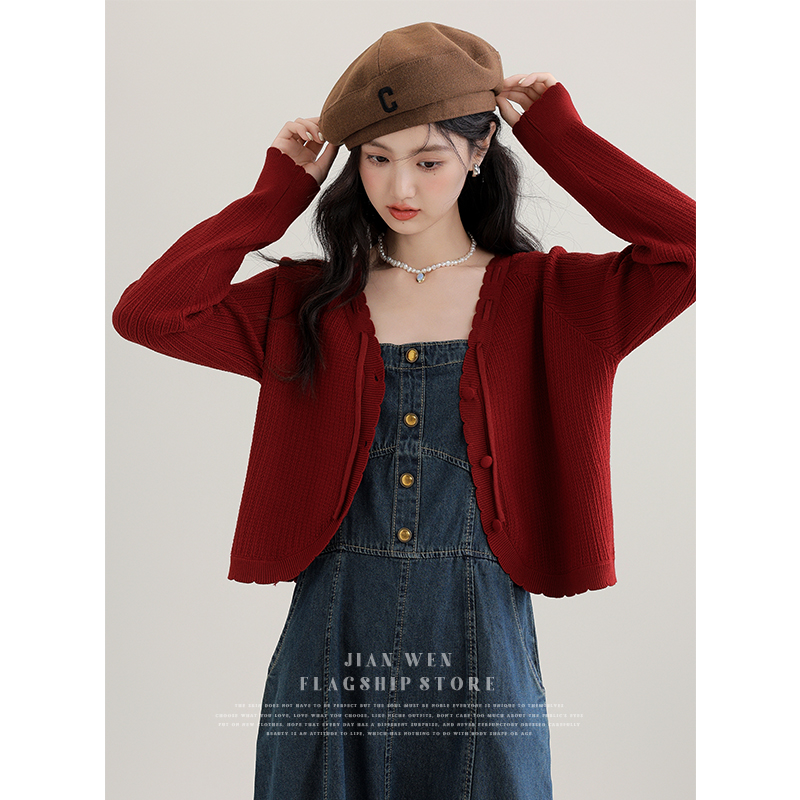酒红色系带V领针织开衫女2025春秋新款宽松小个子短款毛衣外套潮