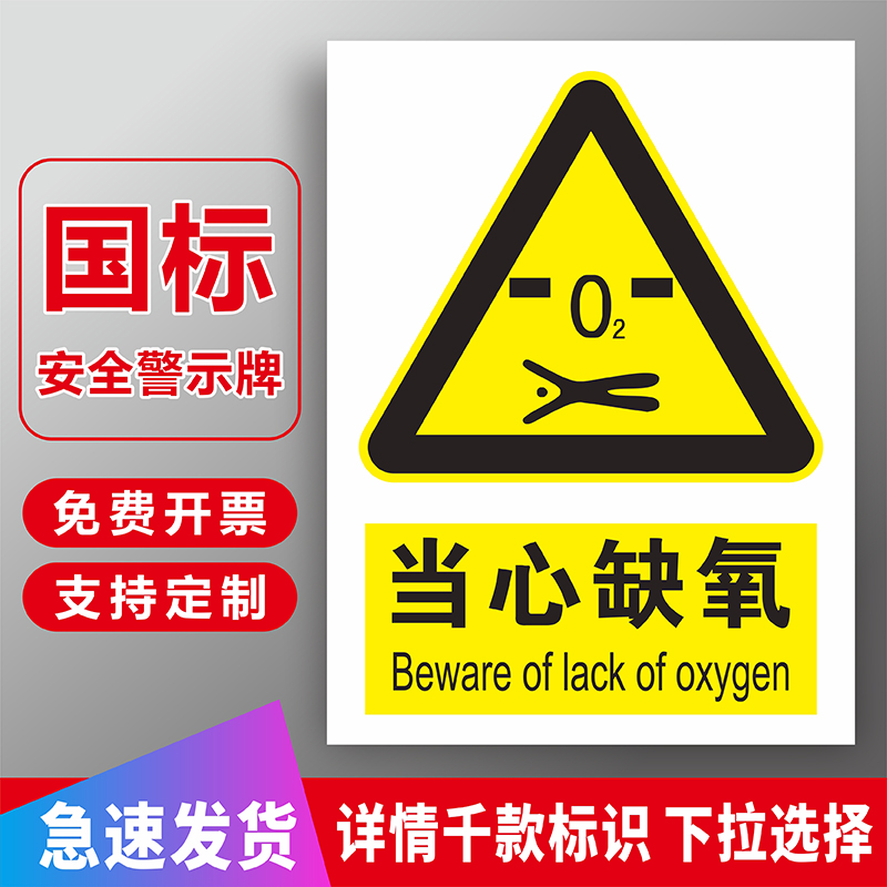 当心缺氧安全标识牌有限密闭空间内小心窒息警示牌注意安全严禁烟火