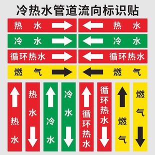 冷水热水管道流向标识贴纸循环热水燃气管道黄底黑字黑色箭头流向反光膜不干胶标签阀门常开常闭管道标牌定做