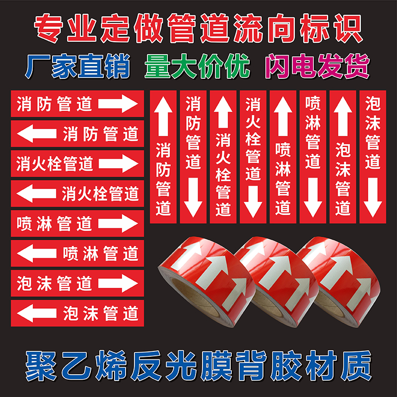 消火栓喷淋管道流向标识贴纸消防管道泡沫管道消防水红底色白字白箭头