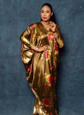 防真丝印花大摆型长袍2020 African Women Print Robe Slik Dress