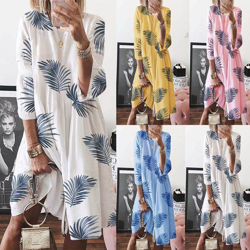 S-5XL大码连衣裙Plus-size printed cotton and linen dress for