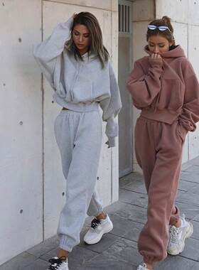 Women winter clothes sweaters休闲欧美风秋冬加绒卫衣长裤套装