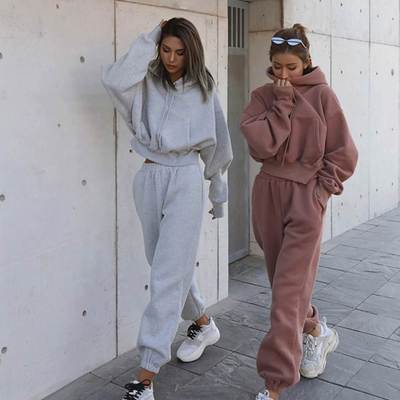 Women winter clothes sweaters休闲欧美风秋冬加绒卫衣长裤套装