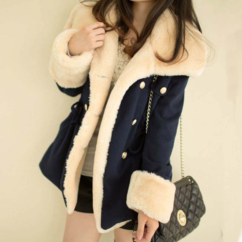 双排扣抽绳毛领毛呢外套女women winter coats jackets cardigan