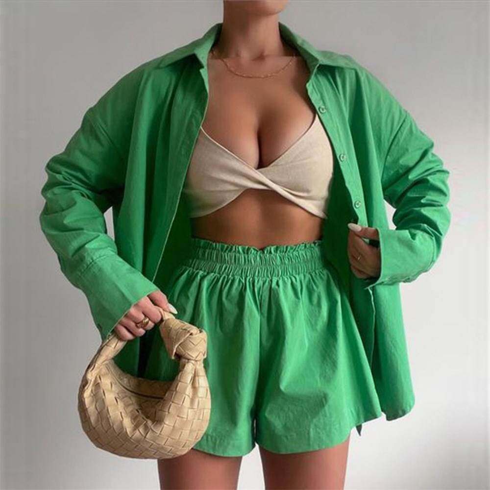 2022 2-piece single-breasted long-sleeved shirt shorts suit