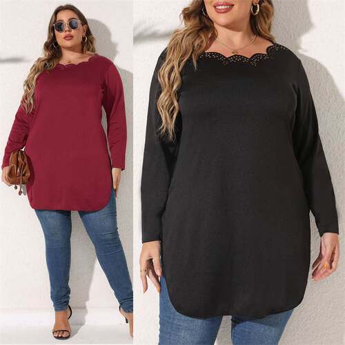 L-4XL women T shirt plus size ladies tops镂空开叉秋季长袖T恤