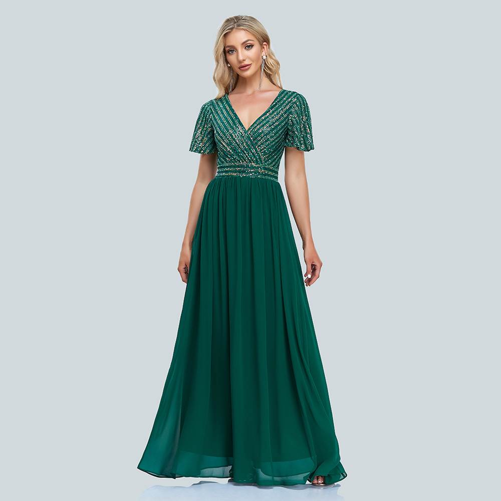 2023新款大码亮片拼接短袖晚礼服Sequins Evening Party Dresses