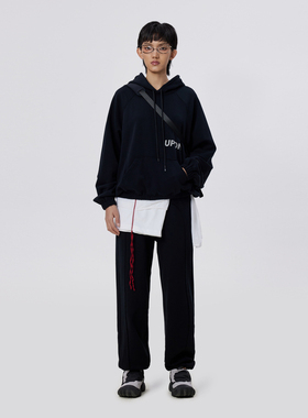 UPON PRO 宽松束脚设计感纯棉毛边运动卫裤 女款 黑色