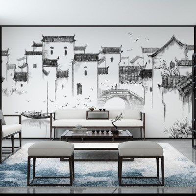 水墨画背景墙壁纸新中式徽派建筑马头墙壁画大型酒店墙布客厅墙纸