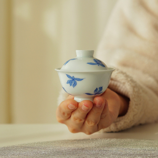 宛玉 迷你青花兰花盖碗一人饮 手绘高温陶瓷品茗杯一口杯茶具套组