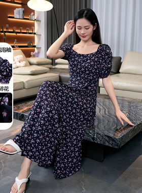 【CZCo商场同款】法式度假风夏季碎花泡泡袖A字连衣裙子女12147