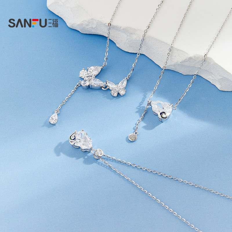 三福925银立体闪闪短项链单条 气质时尚首饰配饰链条851190