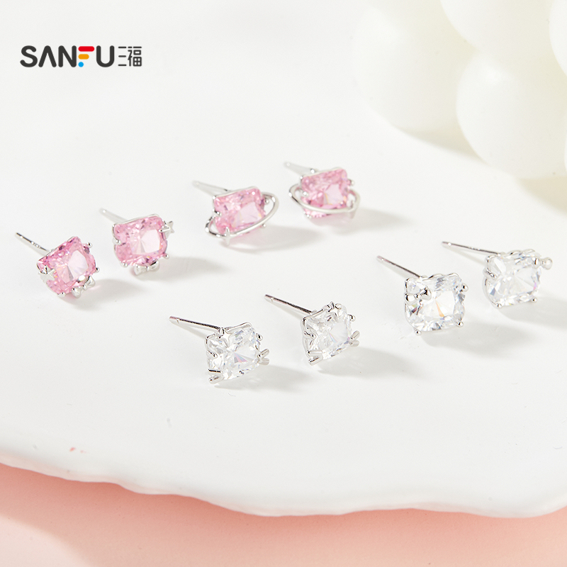 三福925银粉闪闪猫猫耳钉一对 梦幻气质首饰配饰耳环850498