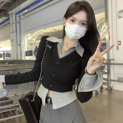 学院风假两件针织衫女早秋季修身打底衫毛衣秋冬长袖上衣秋装