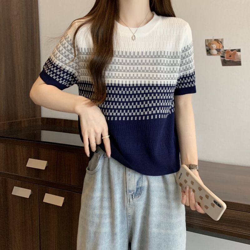 香朵儿服饰条纹冰丝针织衫女短袖2025夏季新款高级感渐变丅恤上衣
