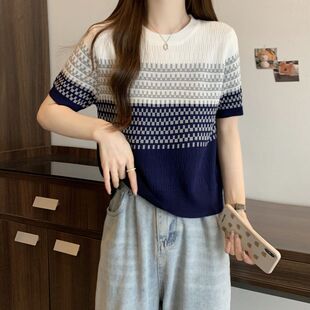 香朵儿服饰条纹冰丝针织衫女短袖2025夏季新款高级感渐变丅恤上衣