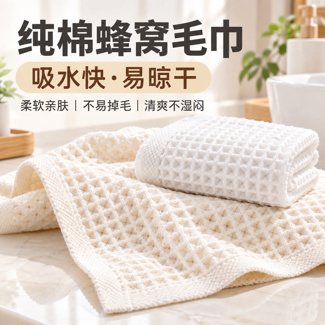 日本新款全棉蜂窝薄型毛巾纯棉华夫格纯色面巾家用浴巾吸水不掉毛