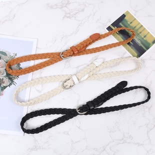 麻花腰带编织女细帆布装饰小皮带窄绳子女款百搭免打孔牛仔裤驼色