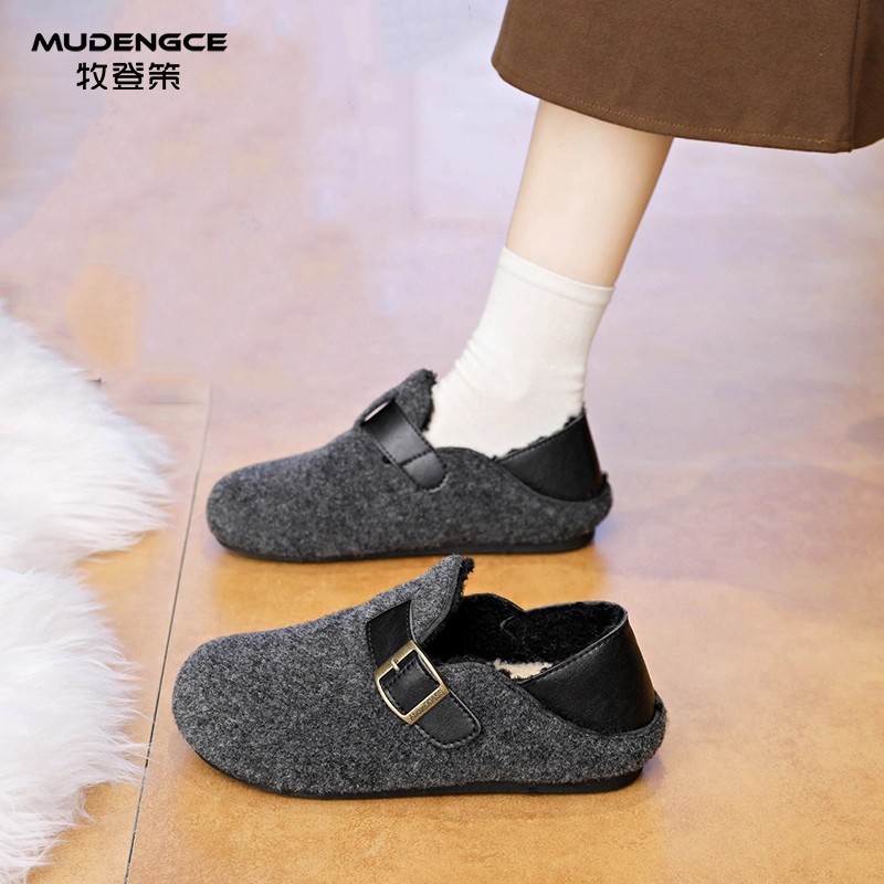 踩屎感圆头勃肯鞋女新款灰色全包一脚蹬毛绒面金属扣防滑休闲鞋
