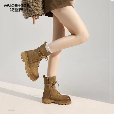 大头软底马丁靴女复古系带短筒靴