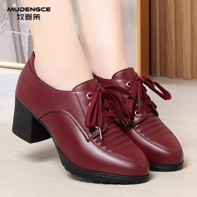 英伦风大码高跟鞋女系带深口舒适