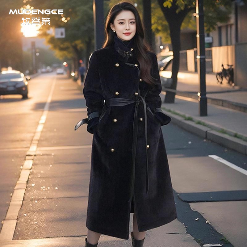 轻奢黑色双排扣大衣女仿貂绒收腰