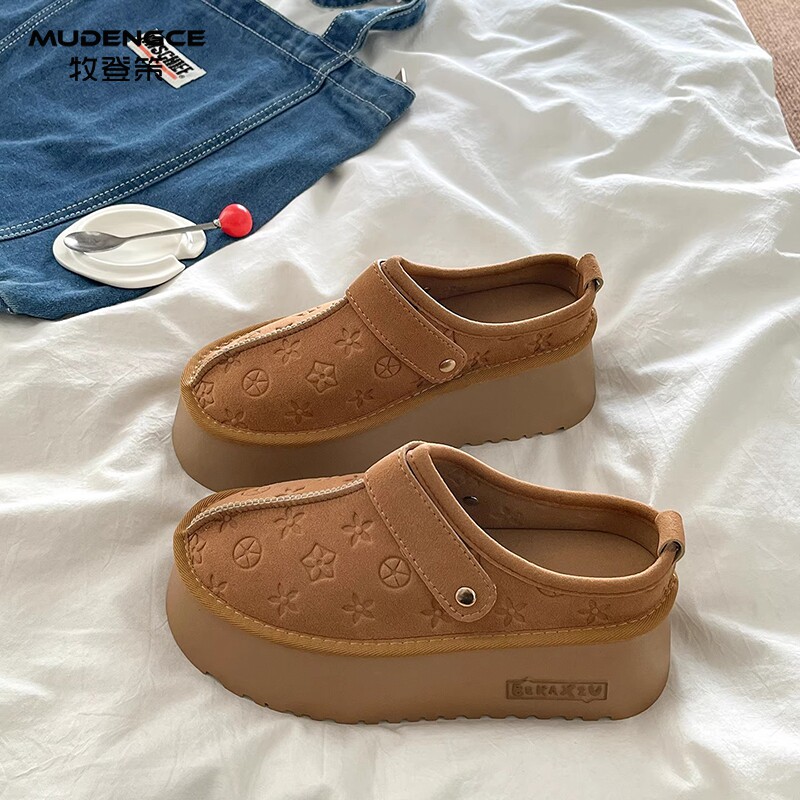 厚底包头半拖鞋女外穿魔术贴大头勃肯鞋增高小个子一脚蹬松糕鞋