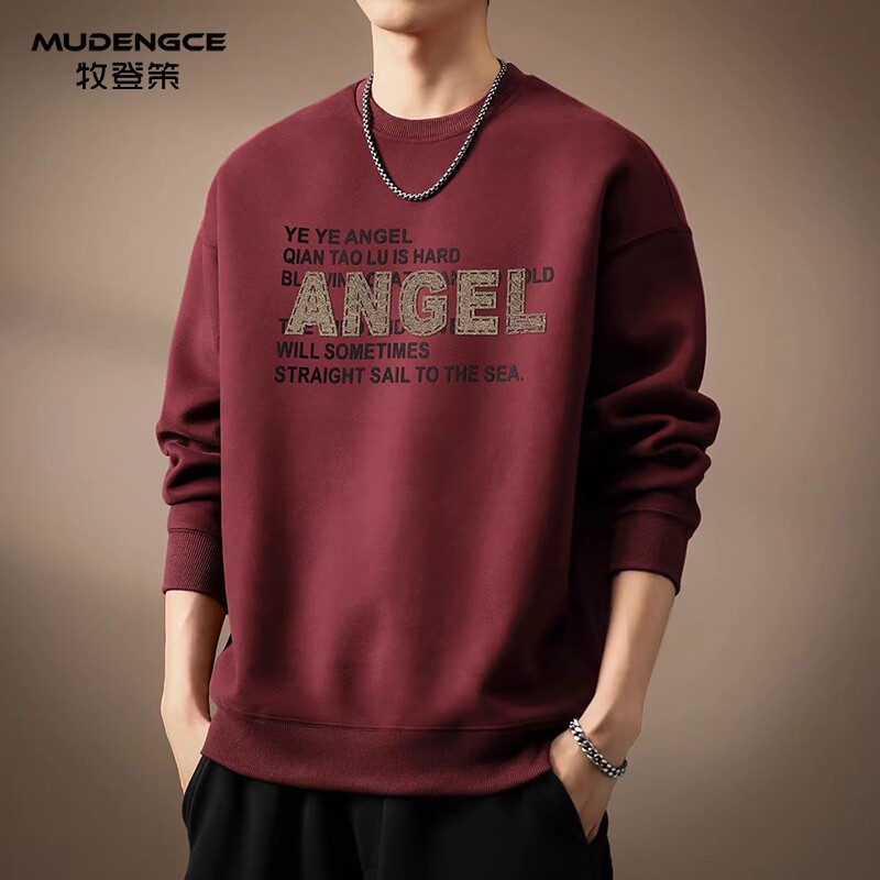 本命年安可拉红圆领卫衣男新款潮流字母印花加厚宽松套头休闲上衣