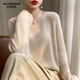 韩系舒适羊绒衫女薄款圆领软糯针织衫上衣纯色宽松套头慵懒毛衣