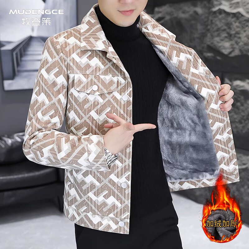 印花翻领加绒夹克男士秋冬季韩版加厚短款休闲街头风保暖外套