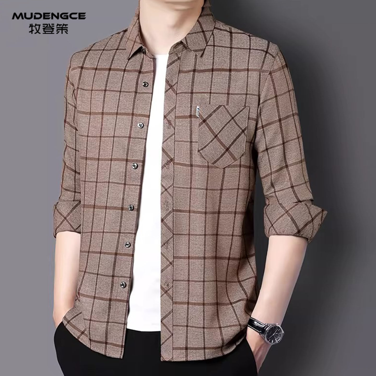 长袖格子衬衫男士新款方领商务衬衣休闲风宽松中年爸爸装口袋上衣