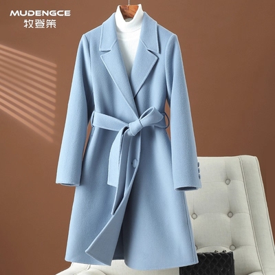 蓝色双面羊绒气质大衣女系带收腰