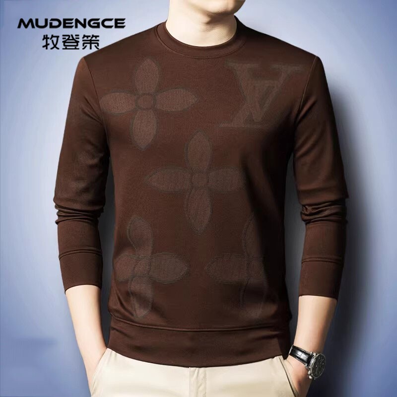 圆领印花长袖T恤男士秋季中年休闲打底衫简约舒适领口修身上衣