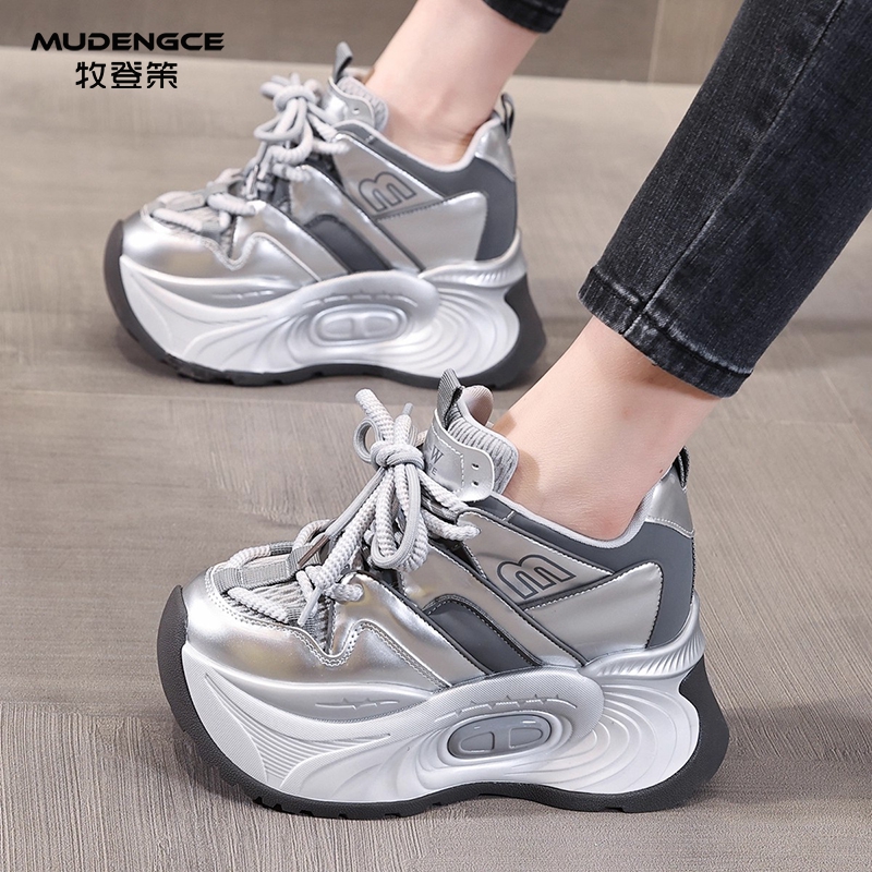 厚底老爹鞋女圆头系带显脚小