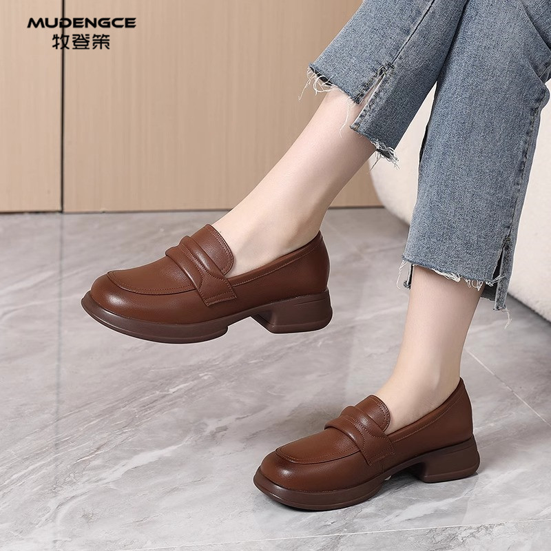 复古软底粗跟乐福鞋女春夏新款