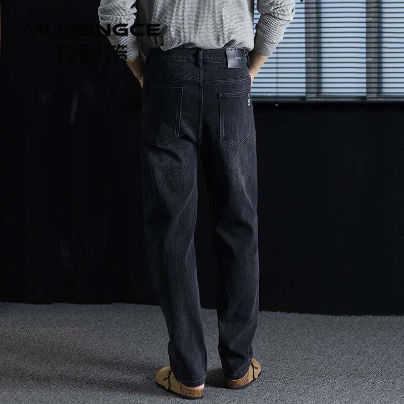 复古水洗牛仔裤男直筒宽松百搭休闲长裤深蓝色时尚简约男款裤子