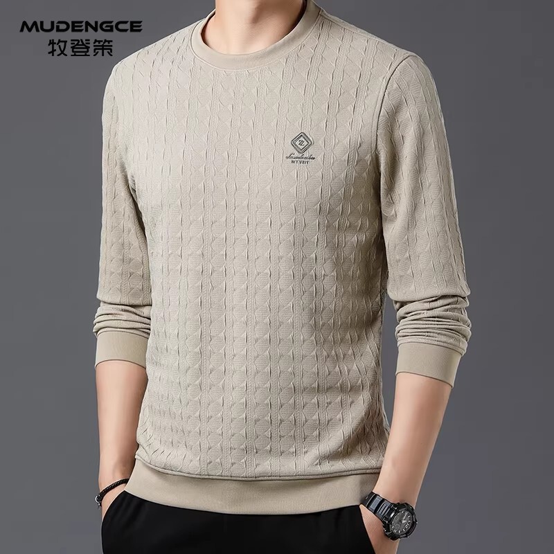 宽松休闲长袖T恤男士新款圆领提花薄款卫衣春秋装上衣打底小衫T