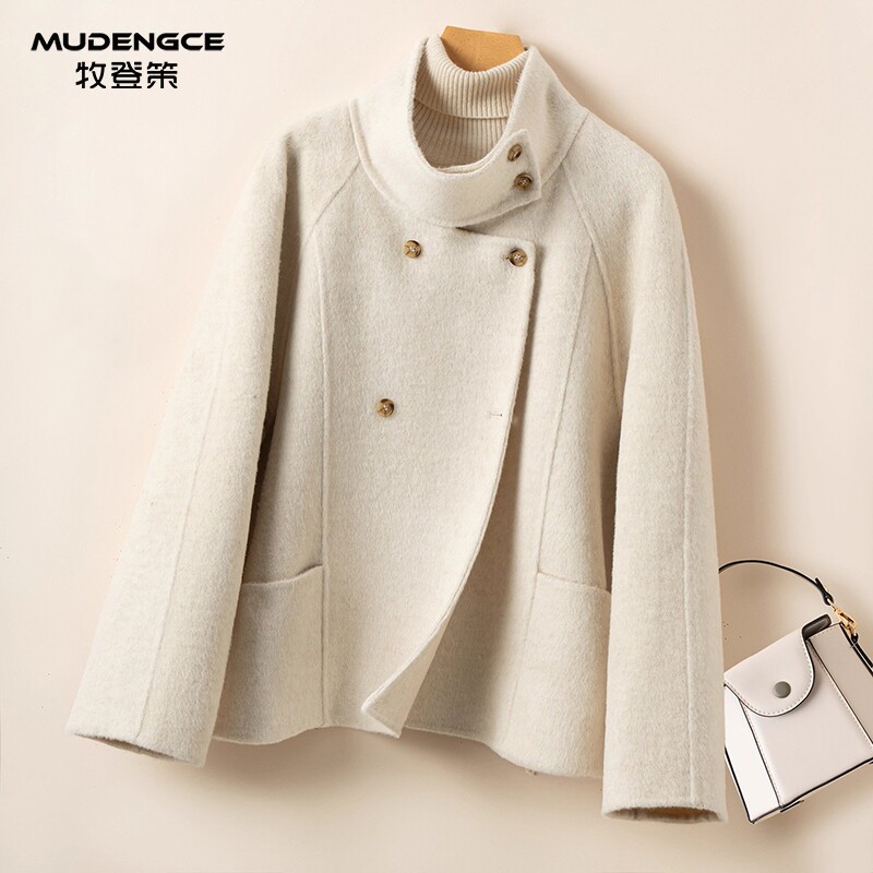 立领双面100%羊毛短款外套女新款小香风修身显瘦双排扣简约大衣