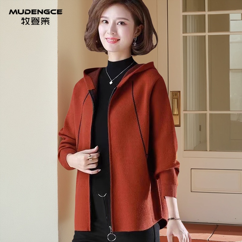 安哥拉红连帽拉链毛衣外套女