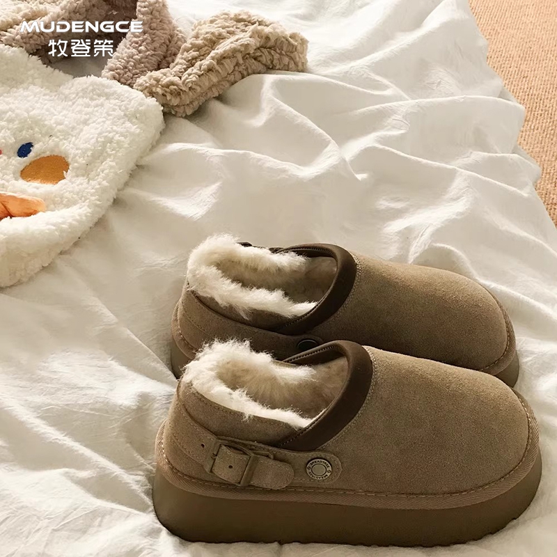 复古加绒勃肯棉鞋女新款圆头防滑加厚雪地靴厚底外穿一脚蹬毛毛鞋