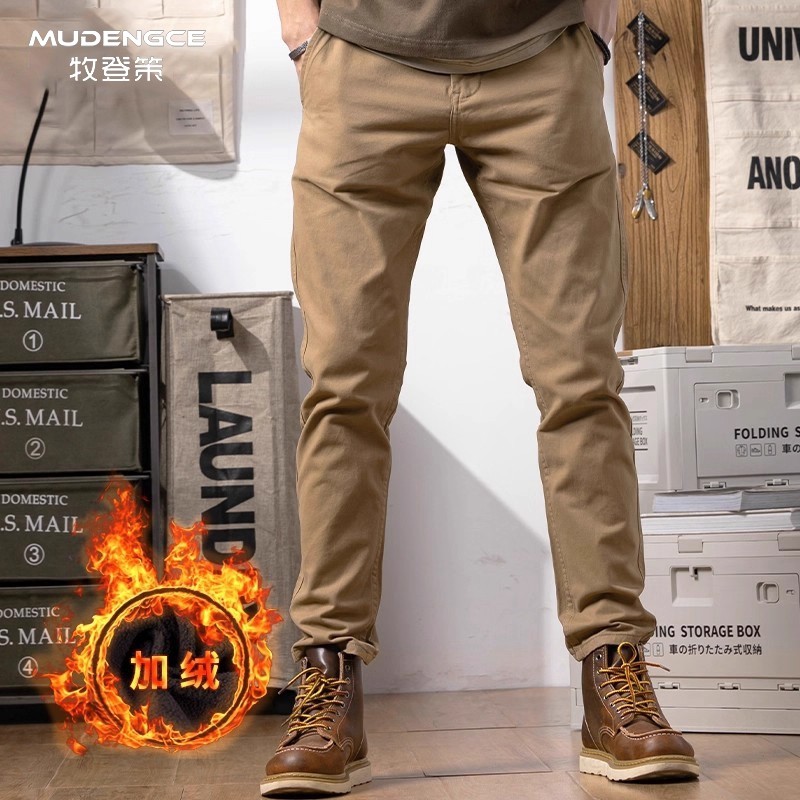 冬季男士加绒裤子美式复古时尚简约大气保暖直筒加厚商务休闲裤男