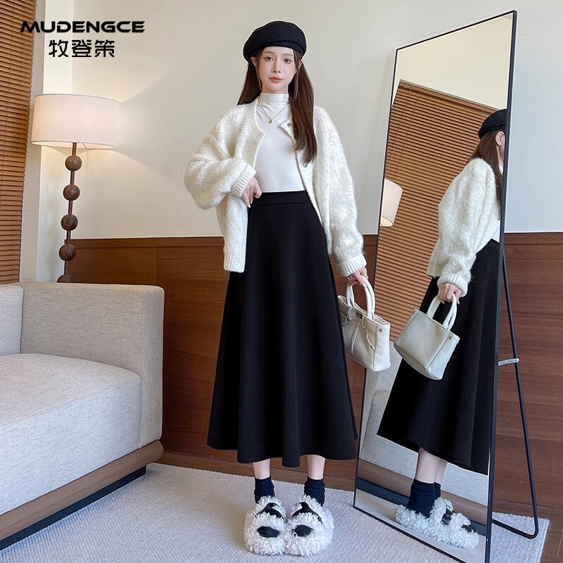 黑色半身裙女新款高腰垂坠感小个子中长款a字裙直筒松紧开叉卫裙