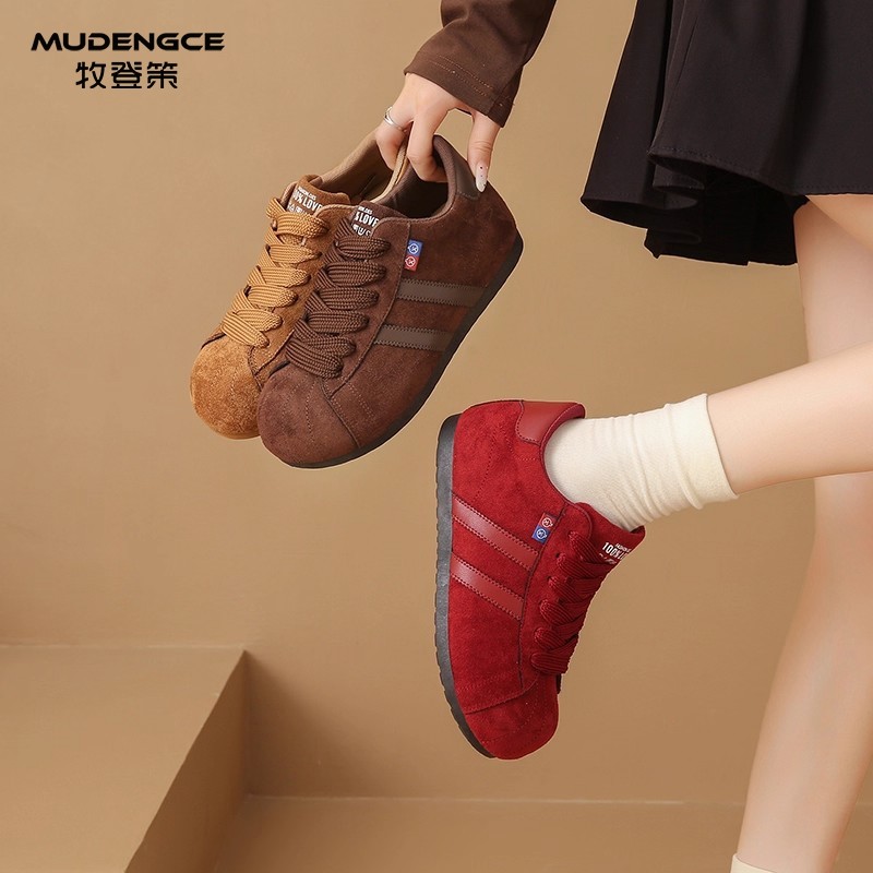 软底内增高休闲鞋女本命年红色拼接时尚板鞋复古轻便系带德训鞋