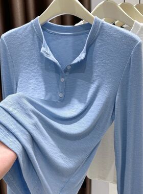 竹节棉半开领长袖t恤女秋冬季高级感韩系纽扣修身百搭打底衫上衣