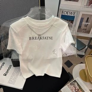 ins 美式 辣妹高腰短款 上衣女带链条甜辣印花短袖 螺纹洋气女装