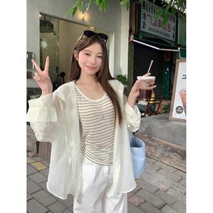 微透薄款连帽长袖衬衫女夏季防晒外套宽松衬衣中长款杏色开衫上衣