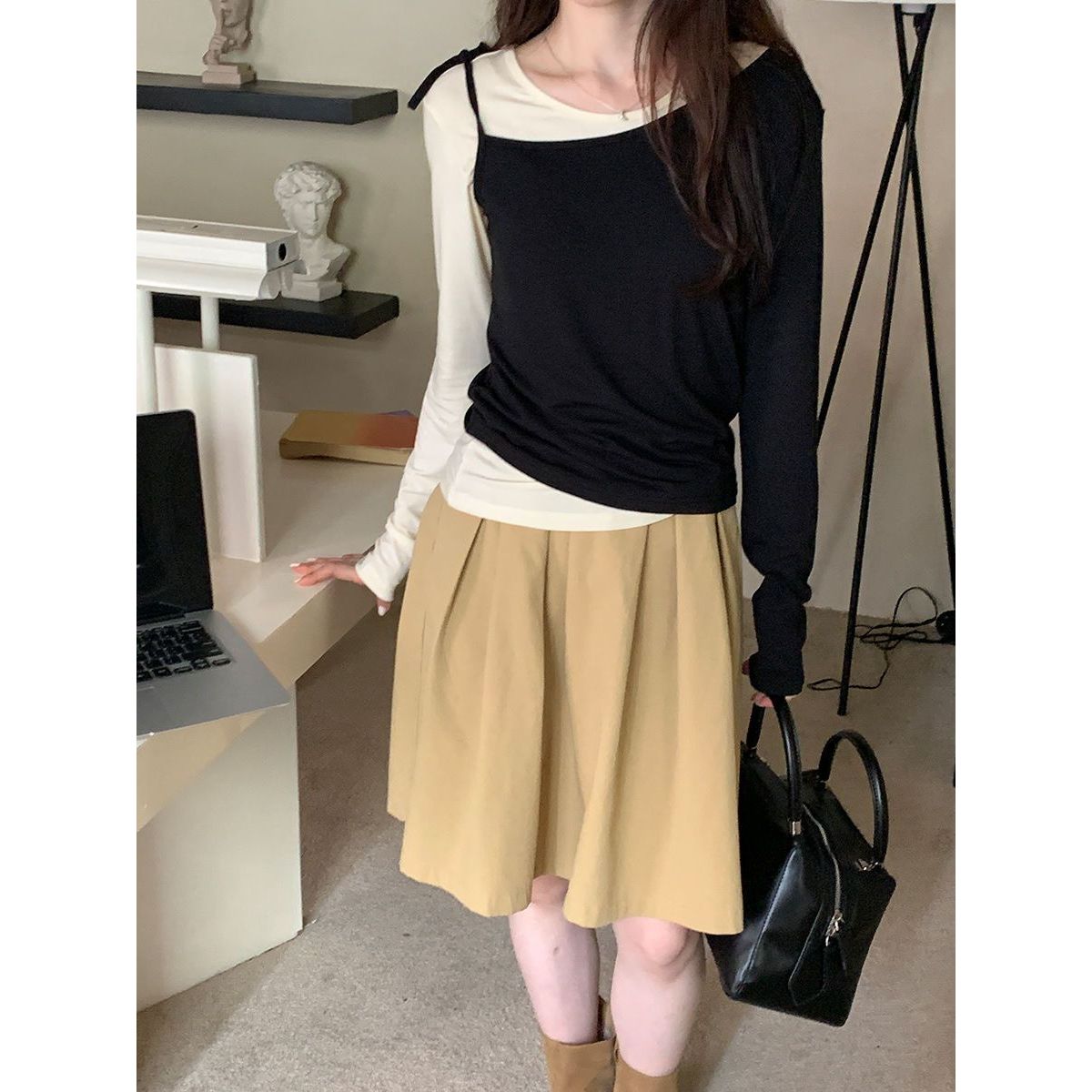 韩系不规则拼接蝴蝶结系带两件套内搭女春秋新款百搭时尚长袖上衣