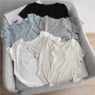 露锁骨垂感上衣ins 纯色修身 超软糯方领莫代尔短袖 T恤女夏2025新款