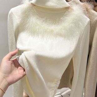 德绒加绒保暖内搭打底衫 打底修身 设计花边毛毛长袖 纯欲辣妹短款